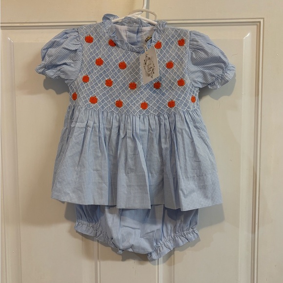 NWT 2T Southern Charm Blue Gingham Smocked Pumpkins Bloomer set.Retail 58.00